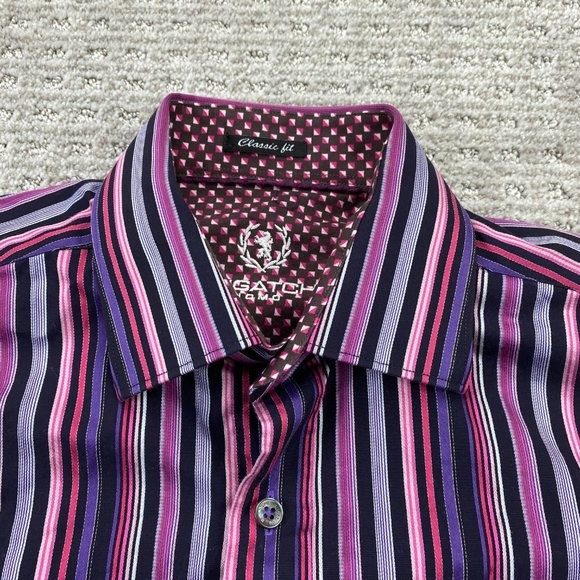 BUGATCHI UOMO Shirt Men Small S Purple Pink Striped Colorful Button Up Formal - Picture 3 of 11